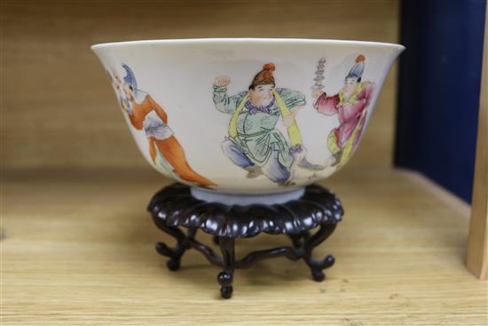 A Chinese famille rose bowl, Qianlong mark but early 20th century diameter 17.5cm, wood stand